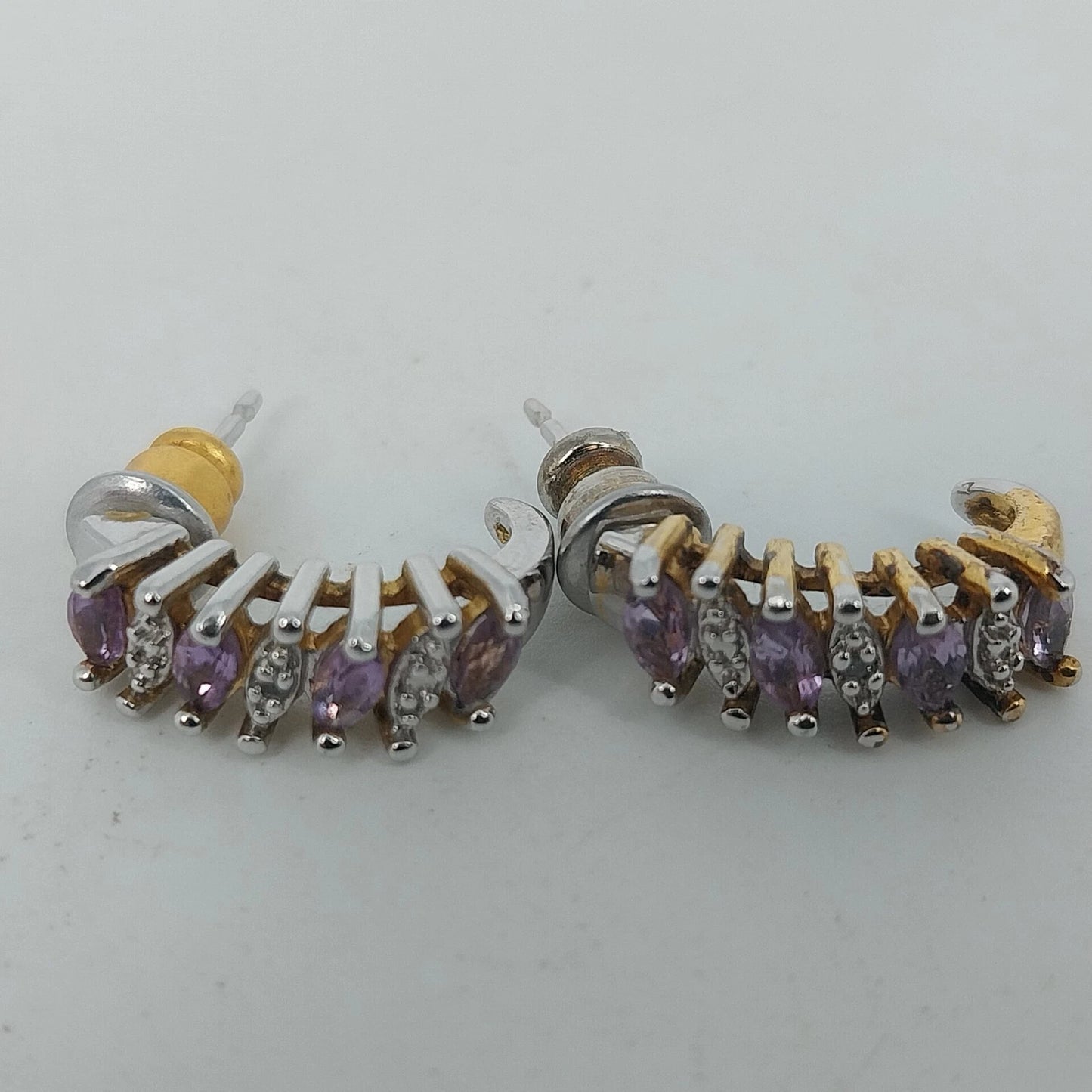 Purple Clear Marquise Crystal J Hoop Earrings Silver Tone Post Back Vintage