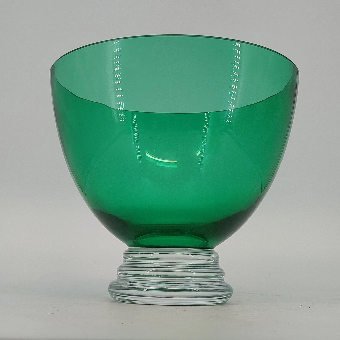 Crate & Barrel Emerald Green Art Glass Bowl Clear Base MCM Centerpiece Poland