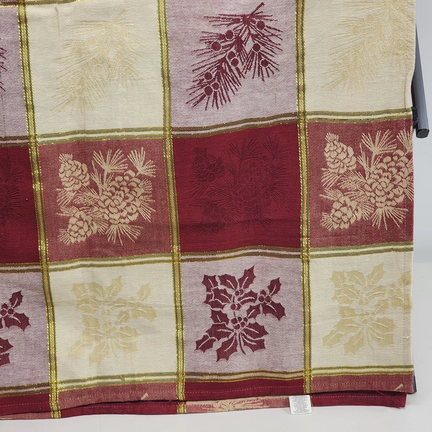 Large Plaid Christmas Tablecloth Red White Gold Metallic Thread 82x60 Pine Tree