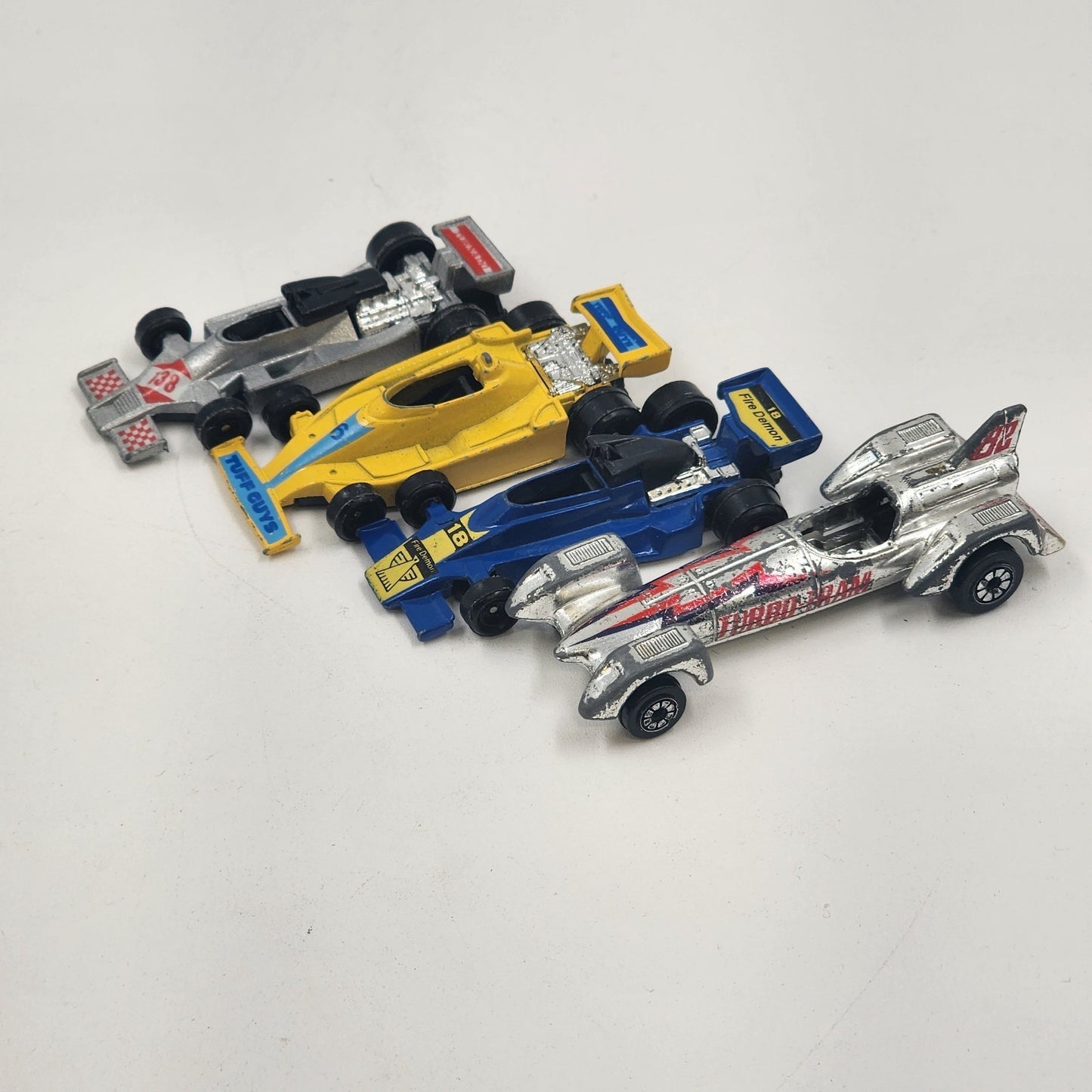 4 Hot Wheels Racer Cars Turbo Tram #82 Tuff Guys #6 Fire Demon #18 Tornado #138