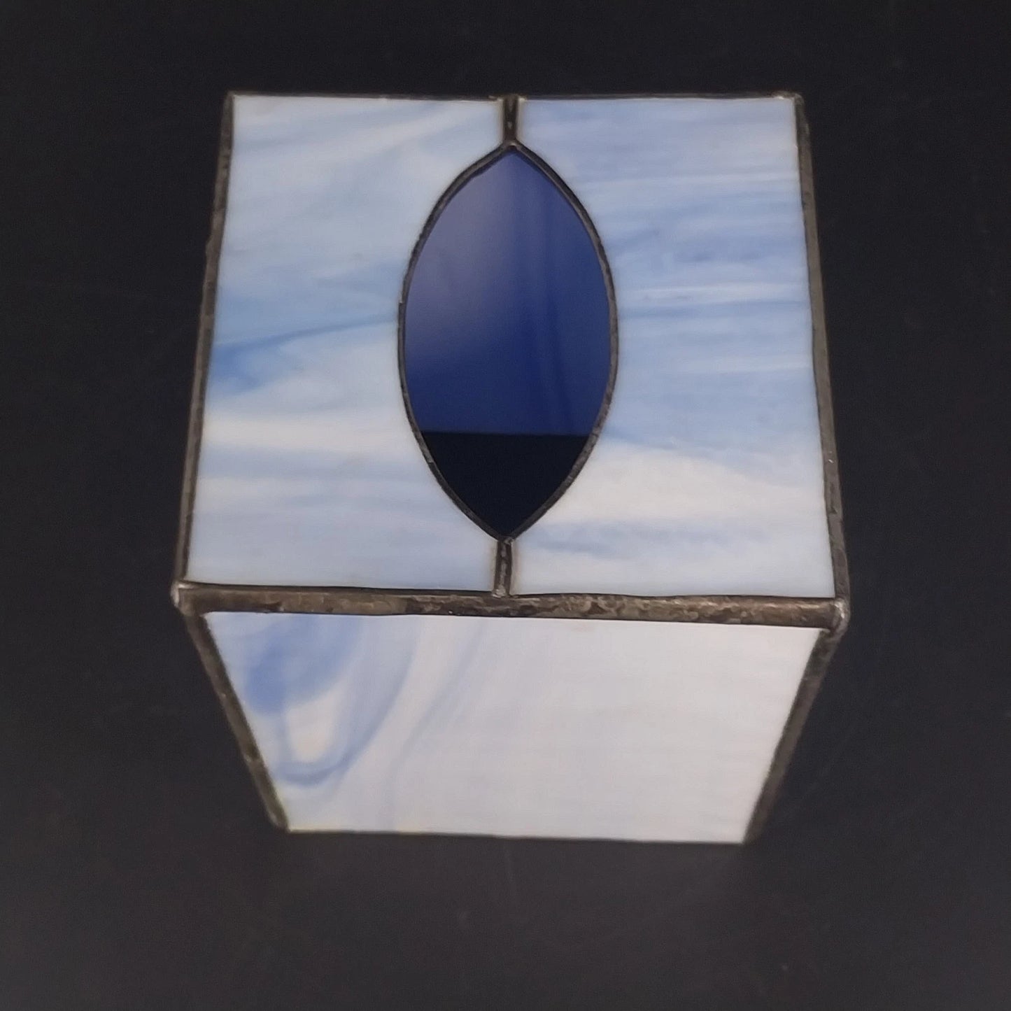 Stained Glass Tissue Box Cover Blue Swirl Slag Glass Metal 5" Bathroom Decor Vtg