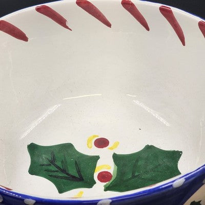 Large Serving Bowl 12" by Present Tense Italy Hand Painted Snowman & Holly Leaf