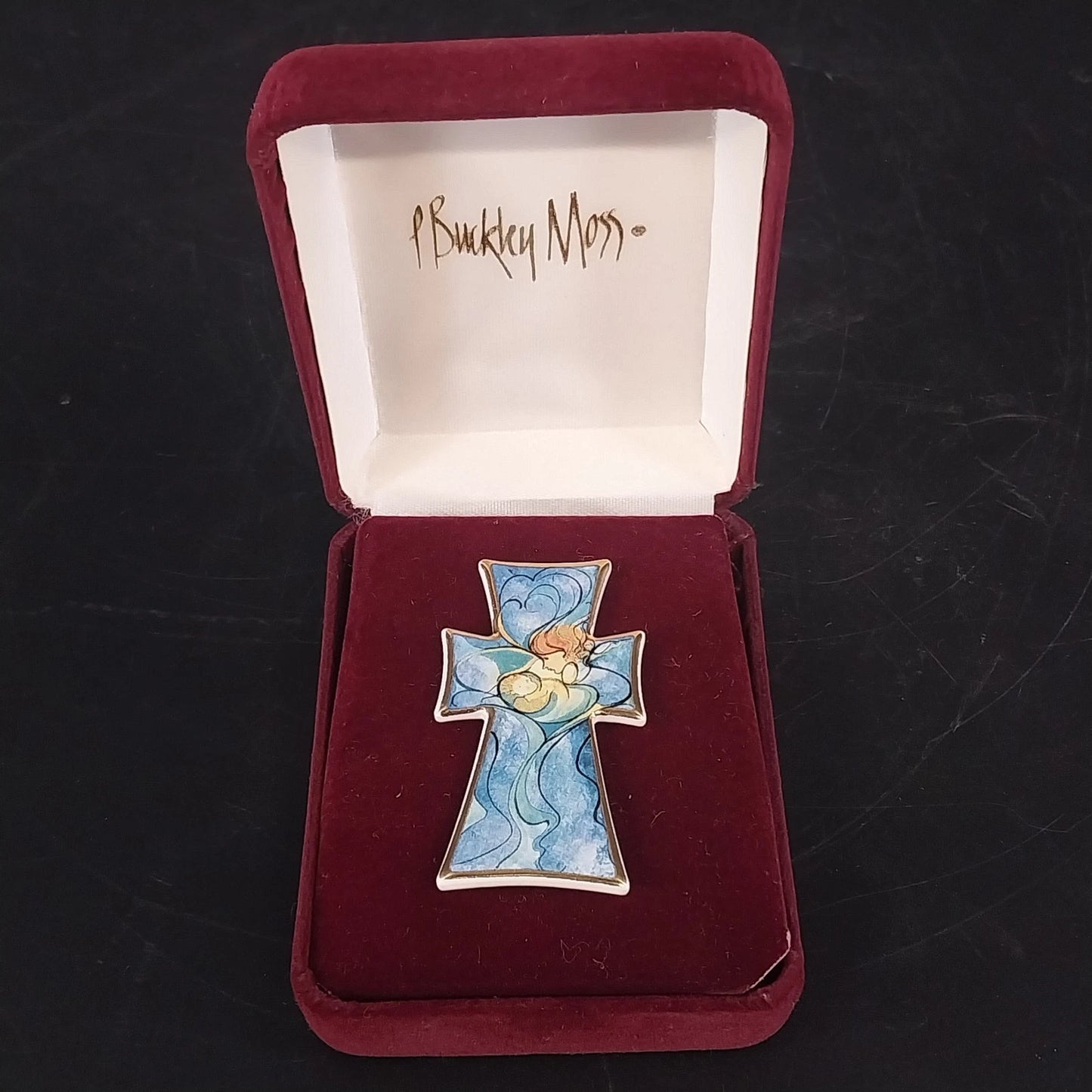 P Buckley Moss Millennium Cross Ceramic Pin Pendant Brooch 2" in Case 1999 Vtg