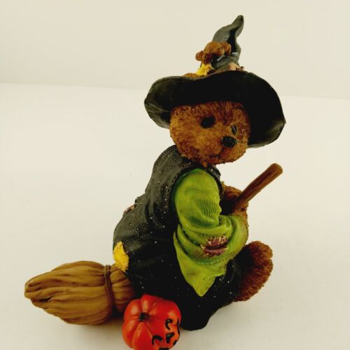 Witchie Bear Flying on her Broomstick Laughing Jack-O-Lantern Halloween Figurine
