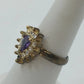 Gold Tone Purple Teardrop Halo Ring w Clear Rhinestone Adjustable Size 7 Jewelry