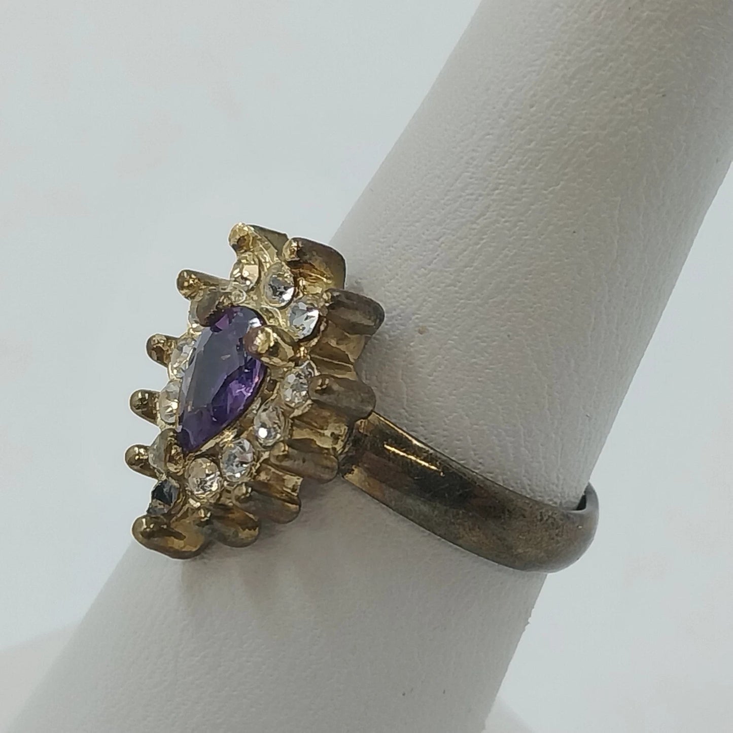 Gold Tone Purple Teardrop Halo Ring w Clear Rhinestone Adjustable Size 7 Jewelry