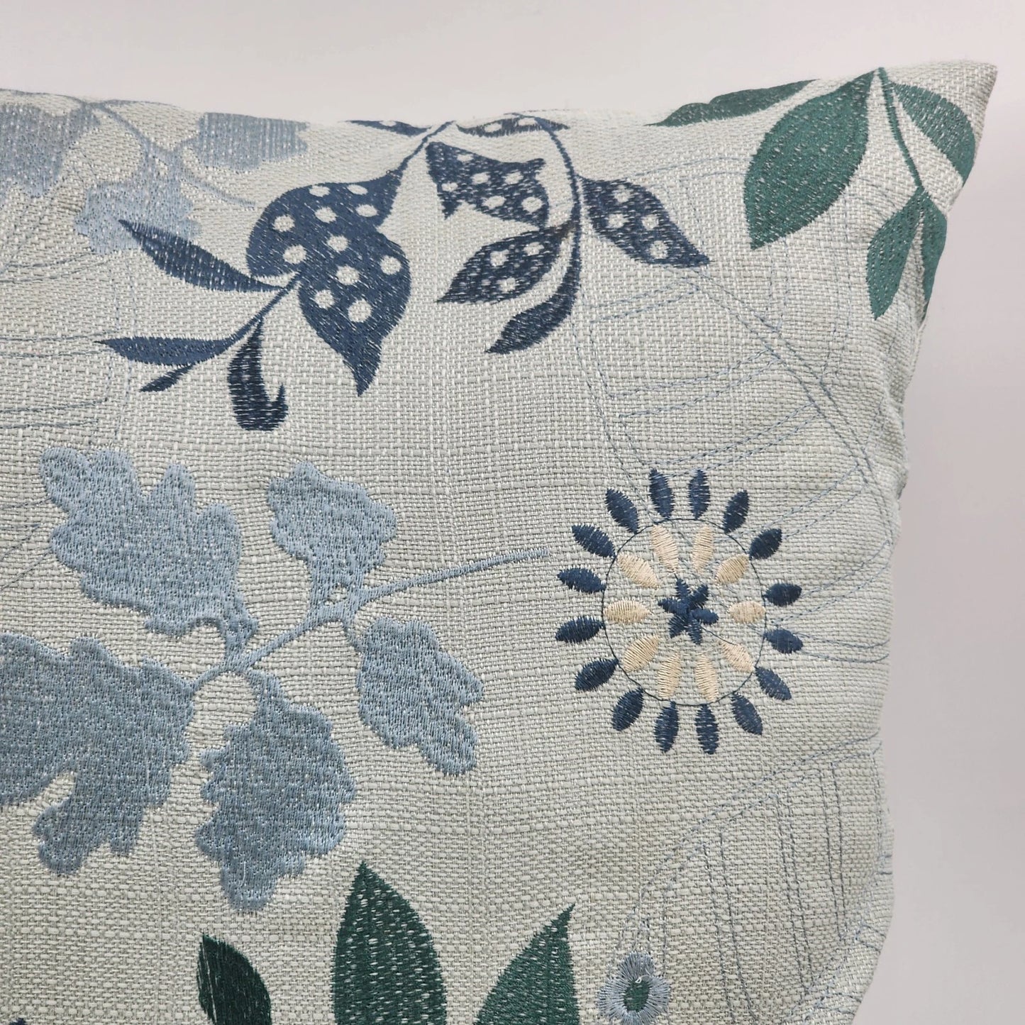 Decorative Down Throw Pillow 20"x20" Blues Embroidered Floral Leaf Cotton Canvas
