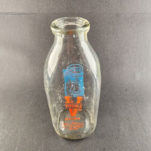 Virginia Dairy Glass Milk Bottle 1 Quart Orange and Blue Logos STOP School Bus