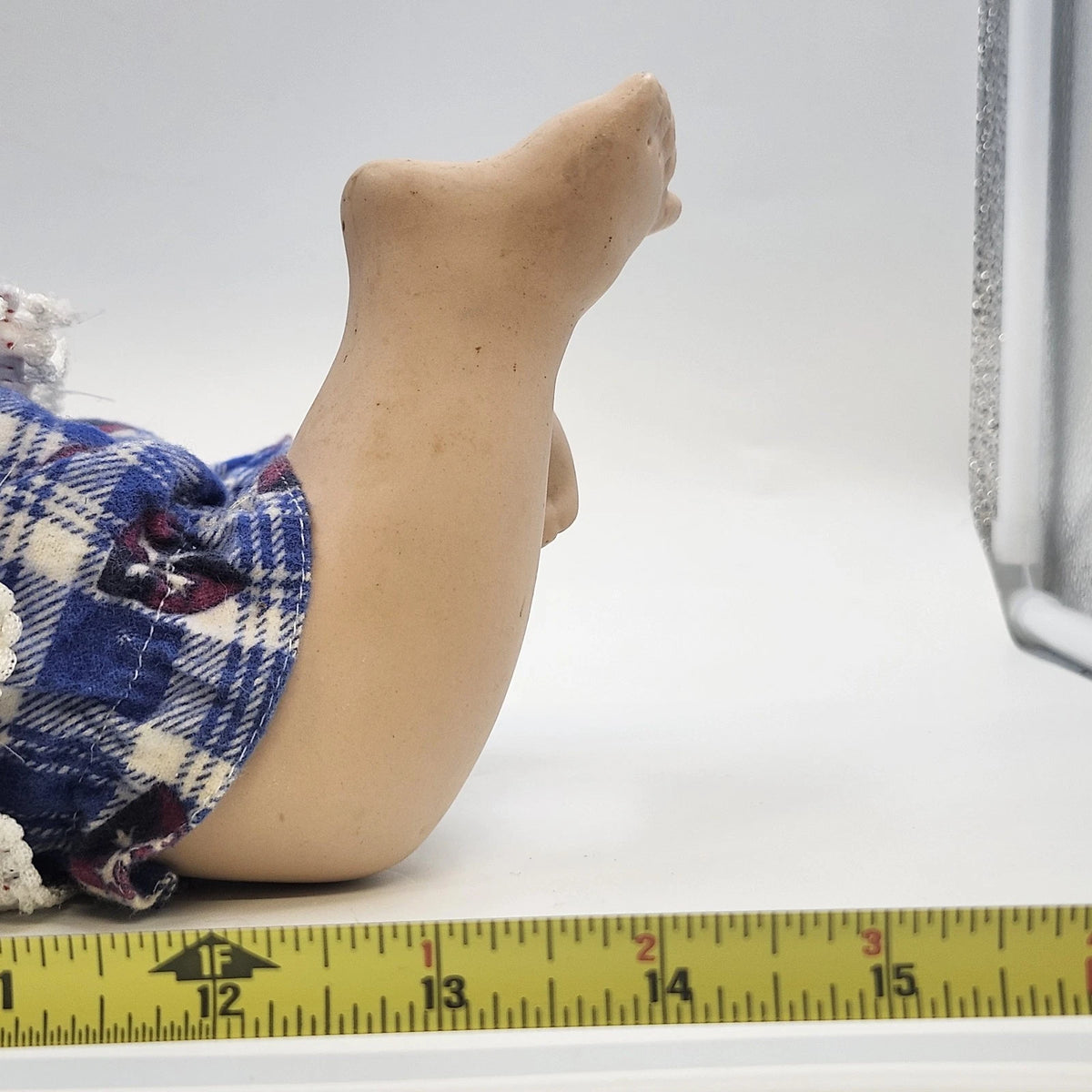 Porcelain Girl Doll Blonde Braids Glasses Blue Plaid Dress 14" Reclining Pose