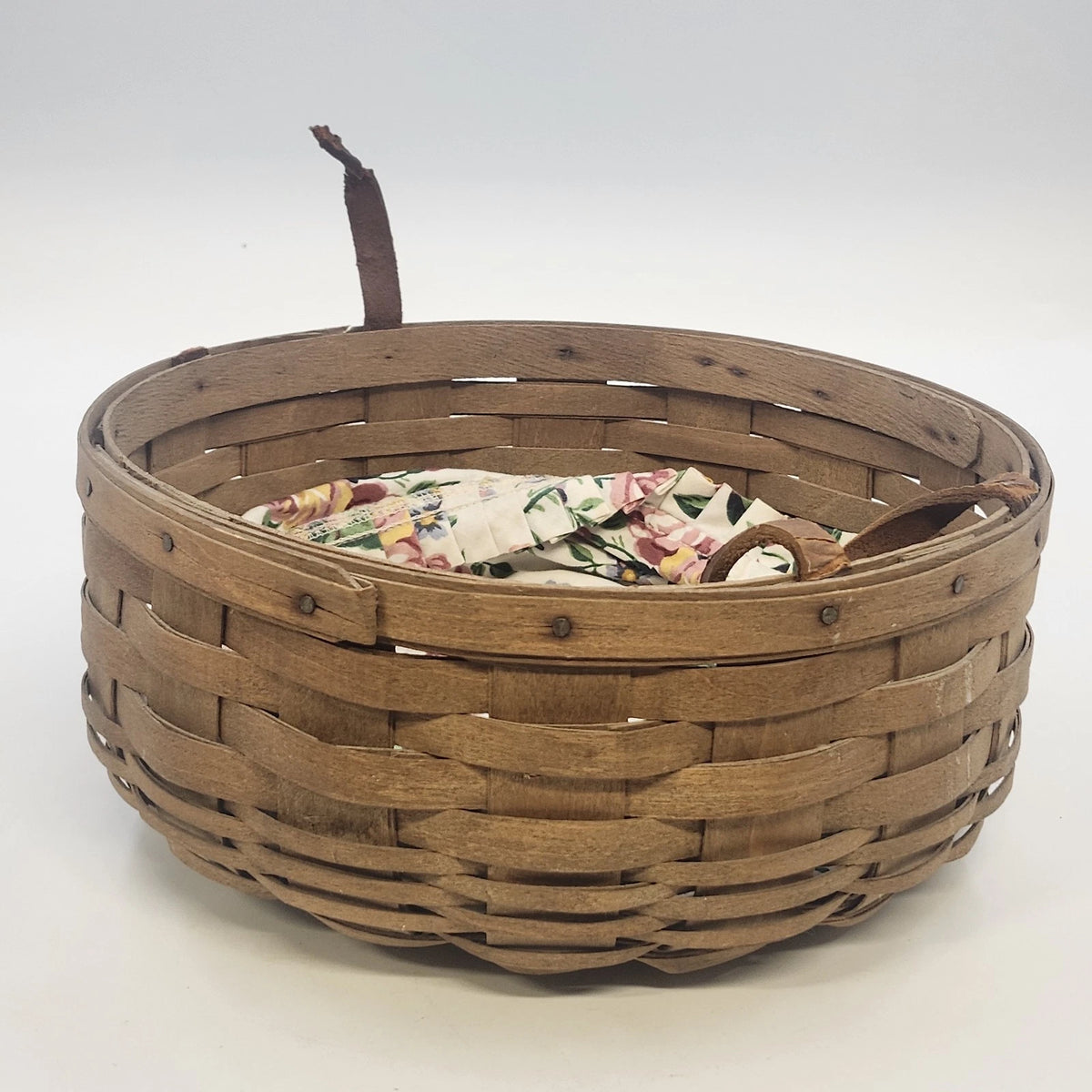 Longaberger Darning Basket 10" Round Floral Liner Double Leather Handle Vtg USA