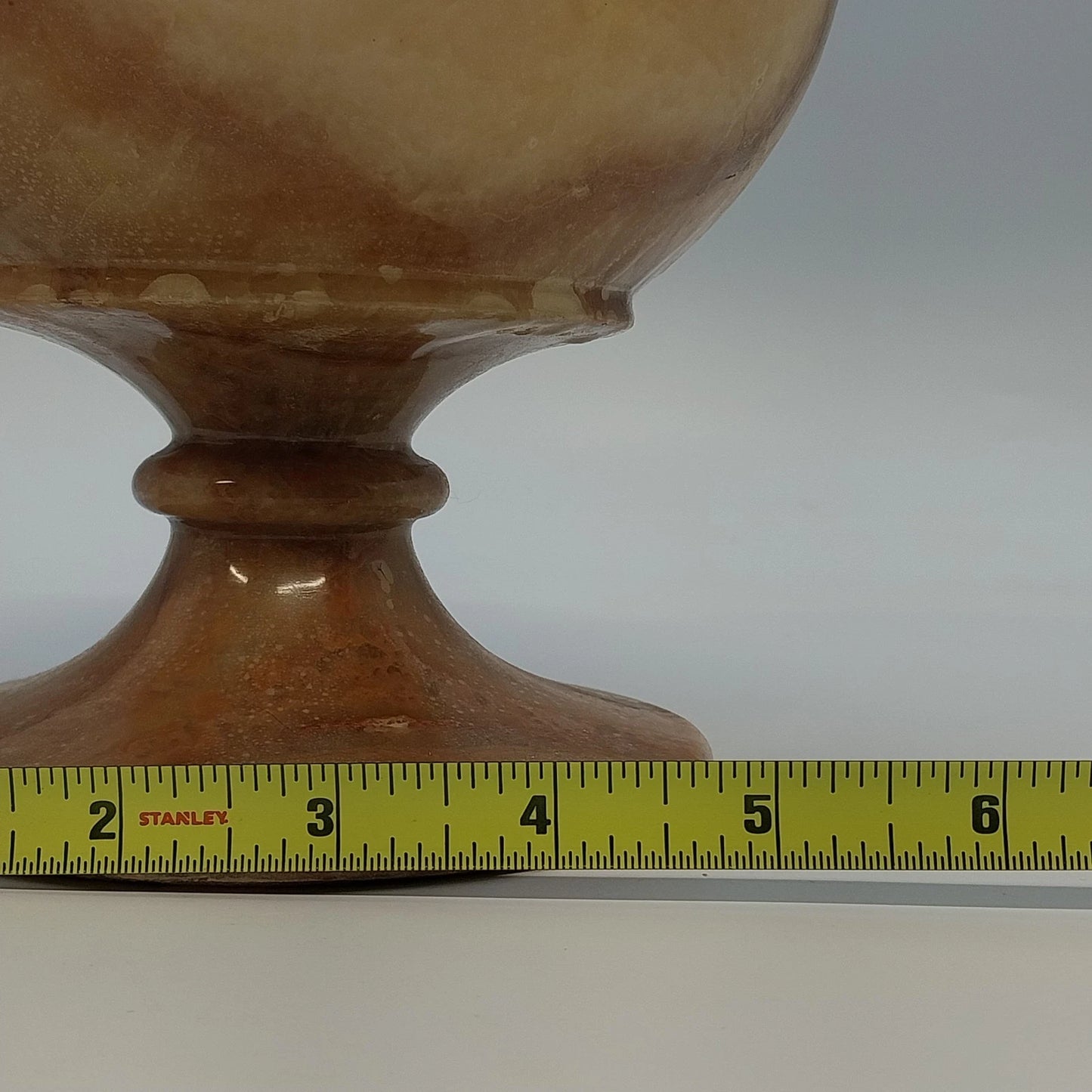 Banded Alabaster Pedestal Candy Dish Lidded Jar Cream Brown Natural Stone 9"