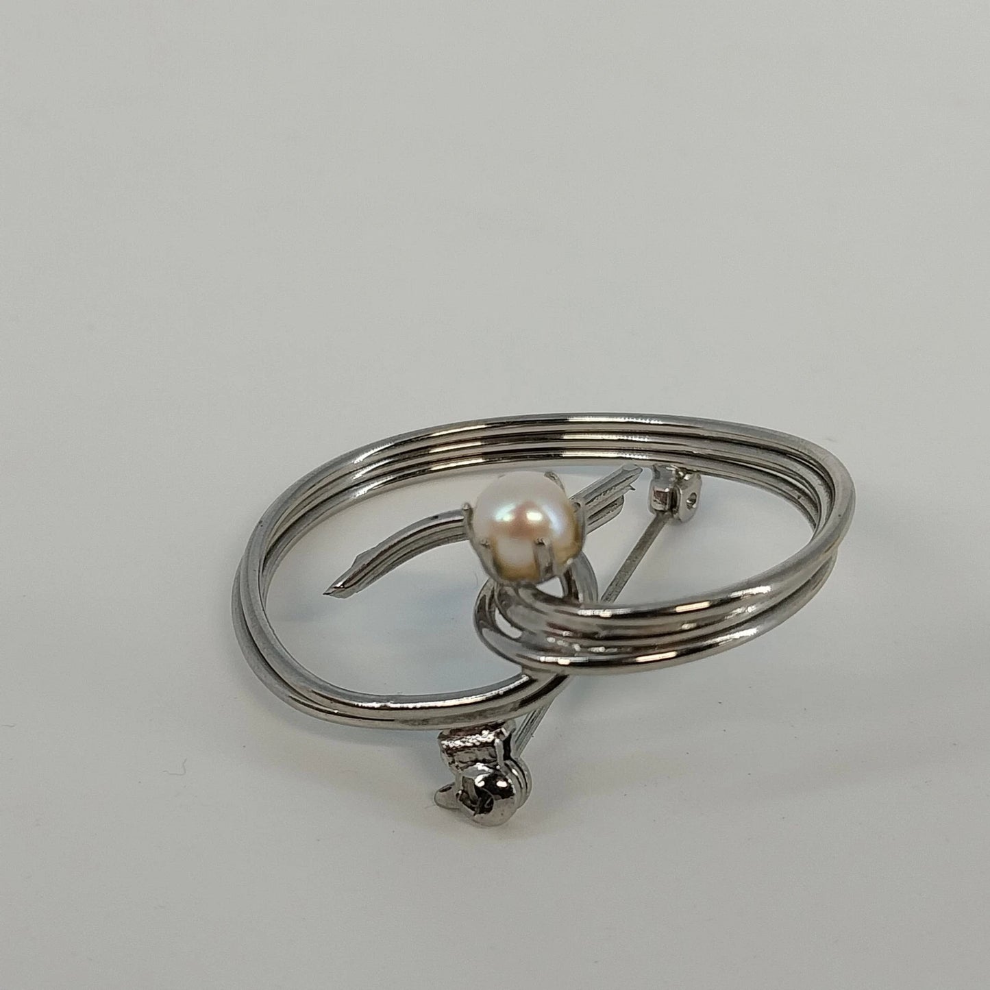 Sterling Silver Circle Brooch Faux Pearl Modernist Pin .925 Polished 1.5"