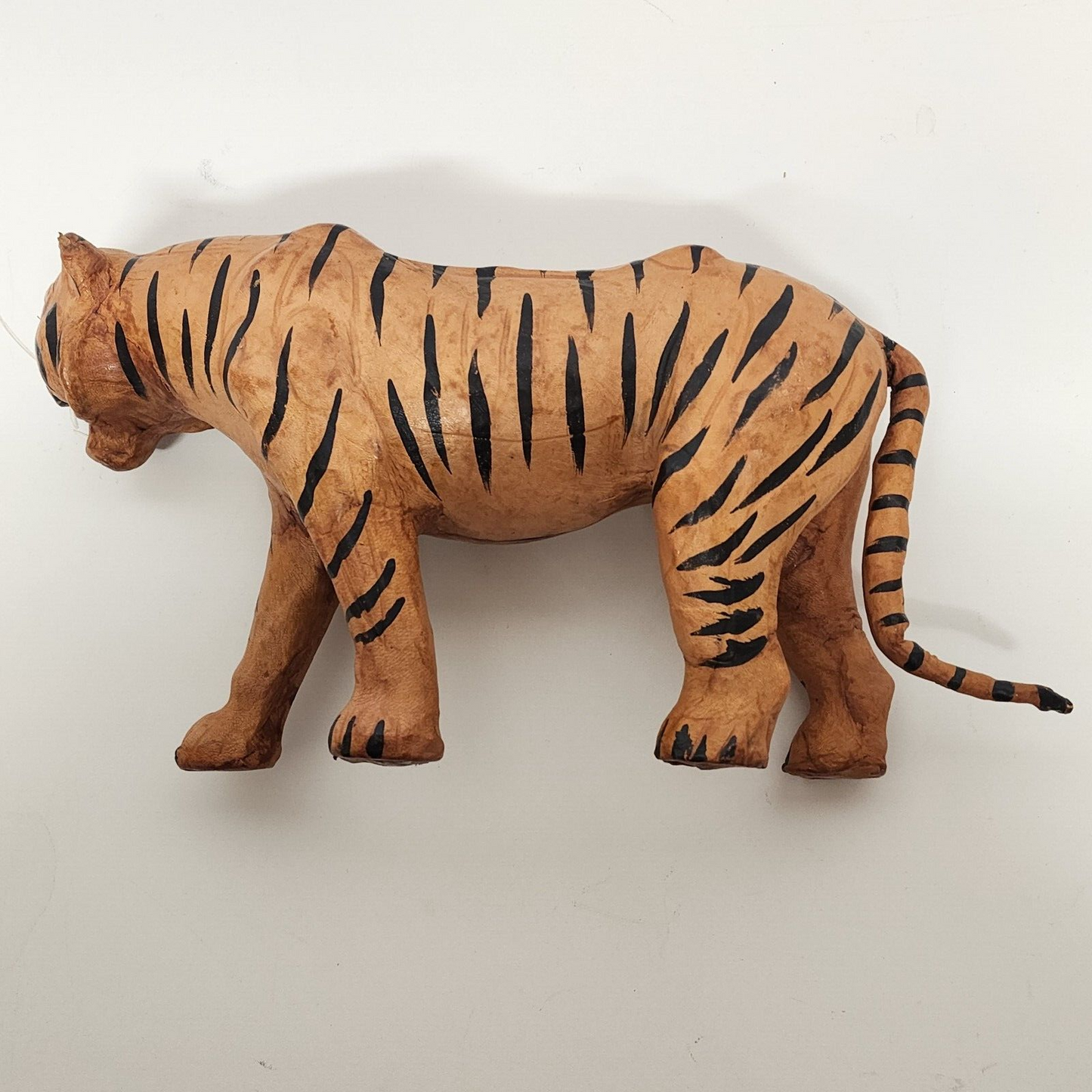 Large Leather Wrapped Tiger Figurine Walking Vintage 15" L x 3½" W x 7½" H