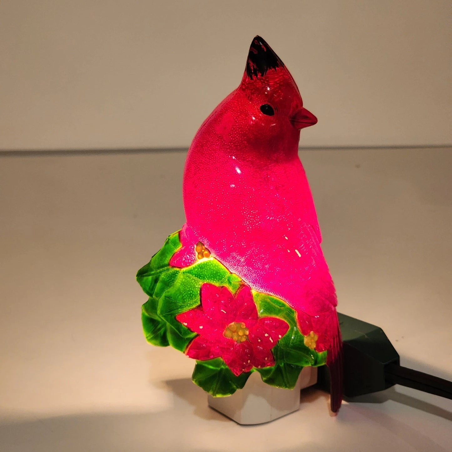 Red Cardinal Night Light Poinsettia Design Holiday Time C7 Bulb Outlet Mounted