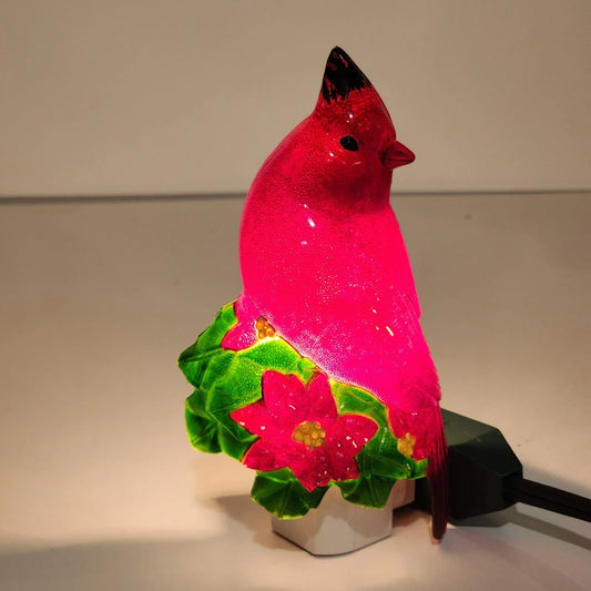 Red Cardinal Night Light Poinsettia Design Holiday Time C7 Bulb Outlet Mounted