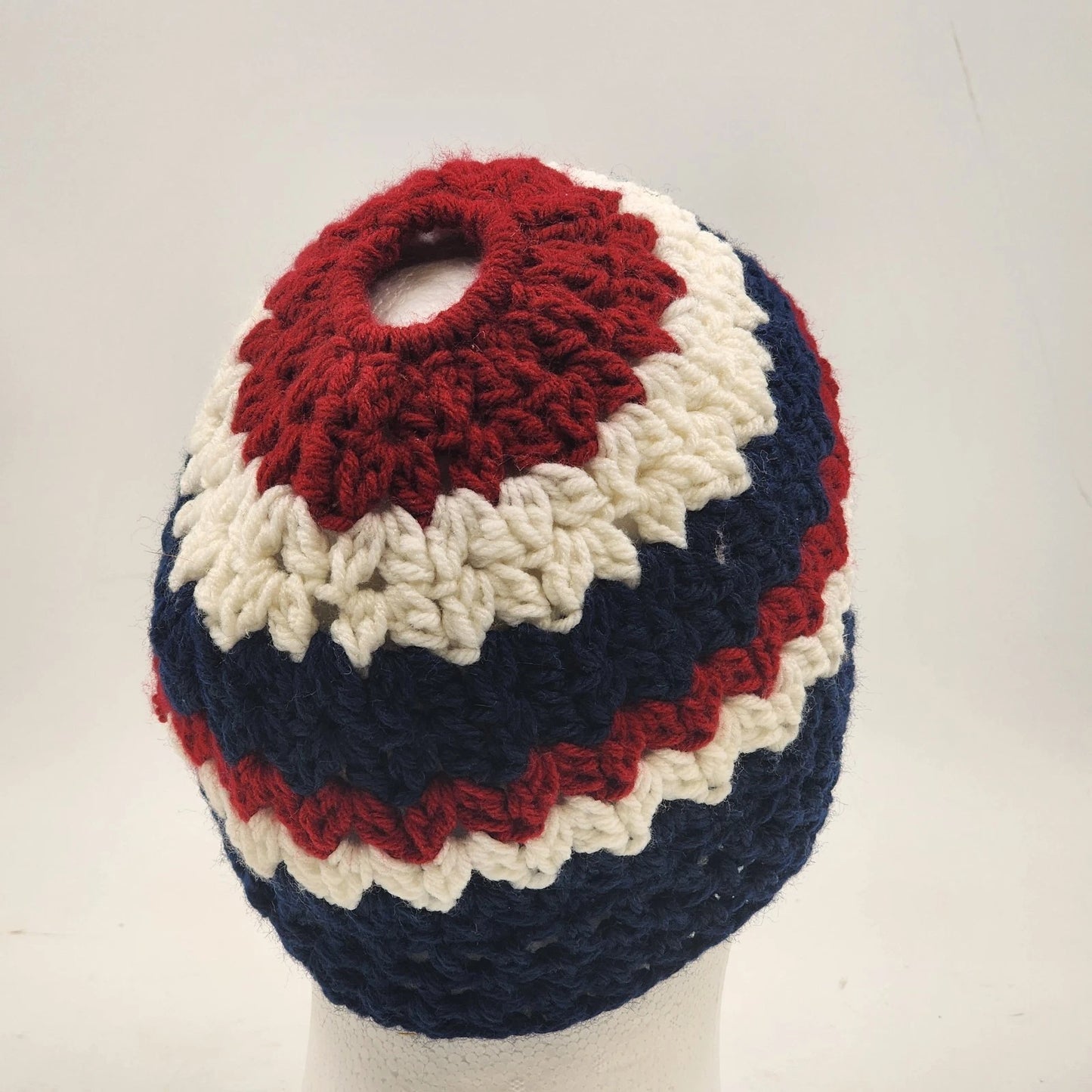 New Handmade Crochet Messy Bun Beanie Navy Blue Red White Ponytail Hat Medium