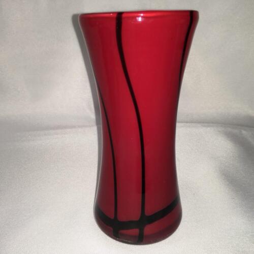 Venetian Cased Glass Red Art Black Ribbon Weighted Crimson 6" Vase Italian Italy