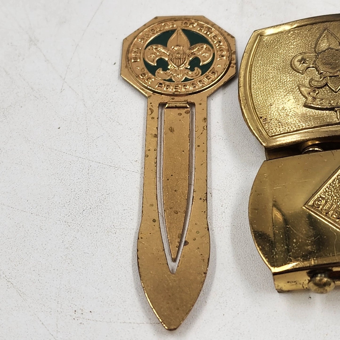 Boy Scout Lot Brass Belt Buckles Neckerchief Slides Bugle Patch Bookmark BSA Vtg