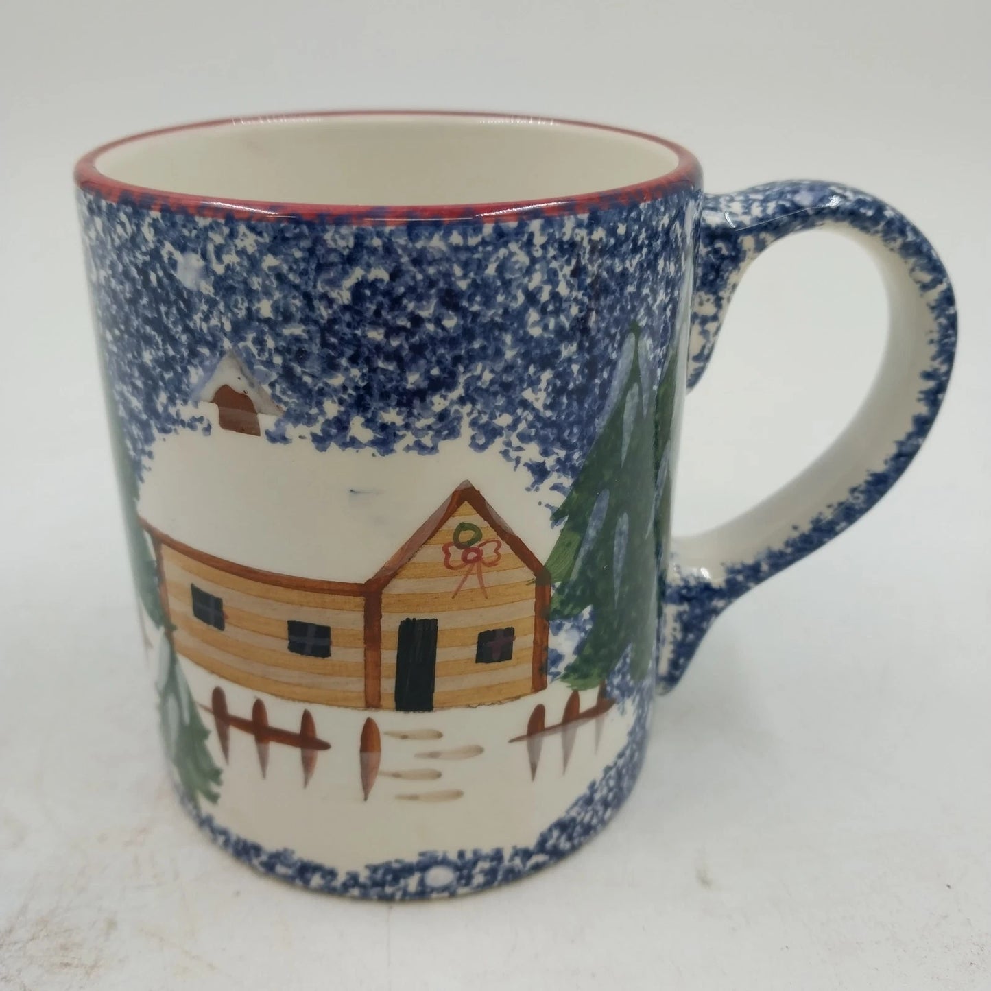 Coffee Mug Cook's Bazaar Holly Mountain Lodge Winter Scene Blue Speckled Rim Vtg