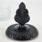 New Martinsville Geneva Glass Puff Box Black Plume Finial Diamond Art Deco 1930s