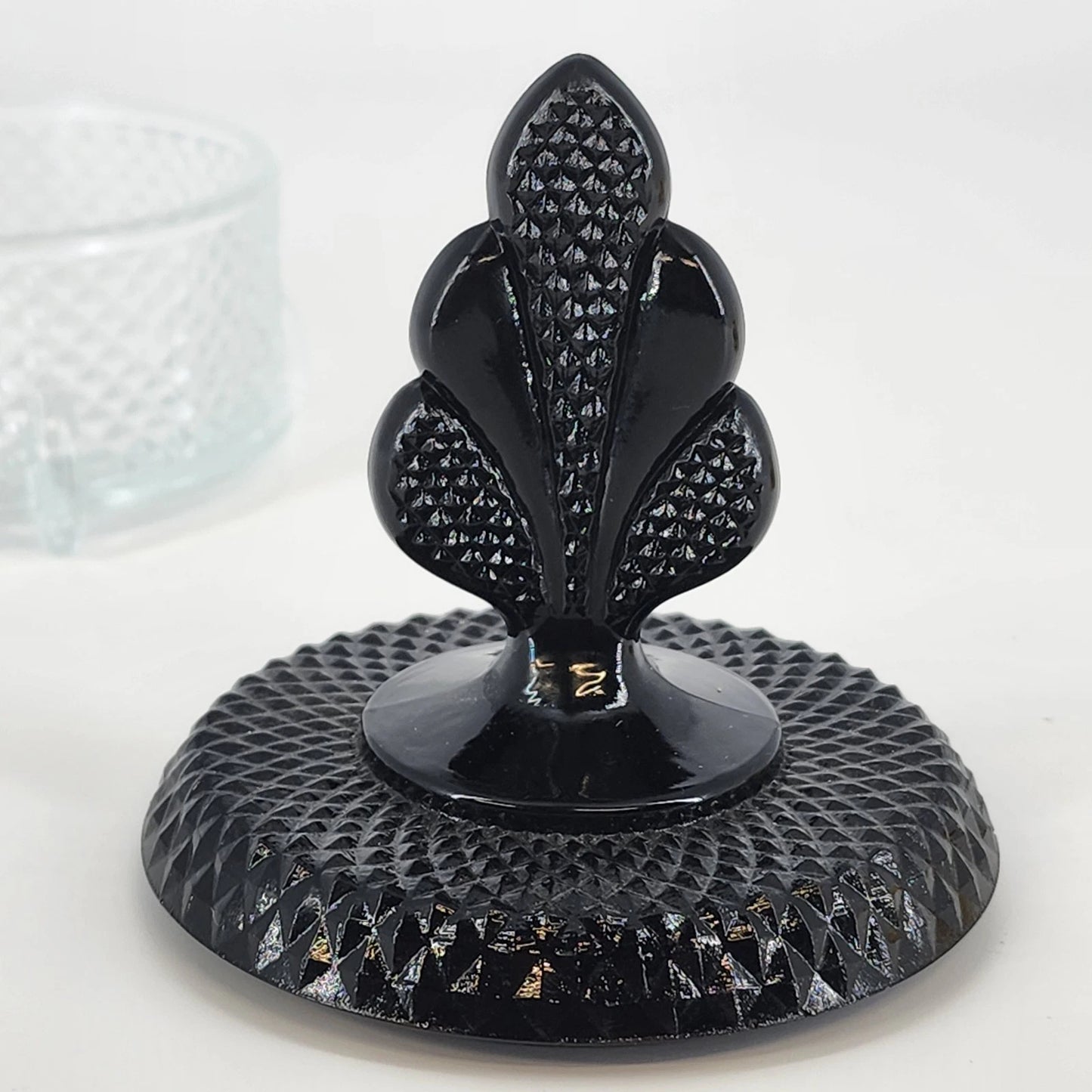New Martinsville Geneva Glass Puff Box Black Plume Finial Diamond Art Deco 1930s
