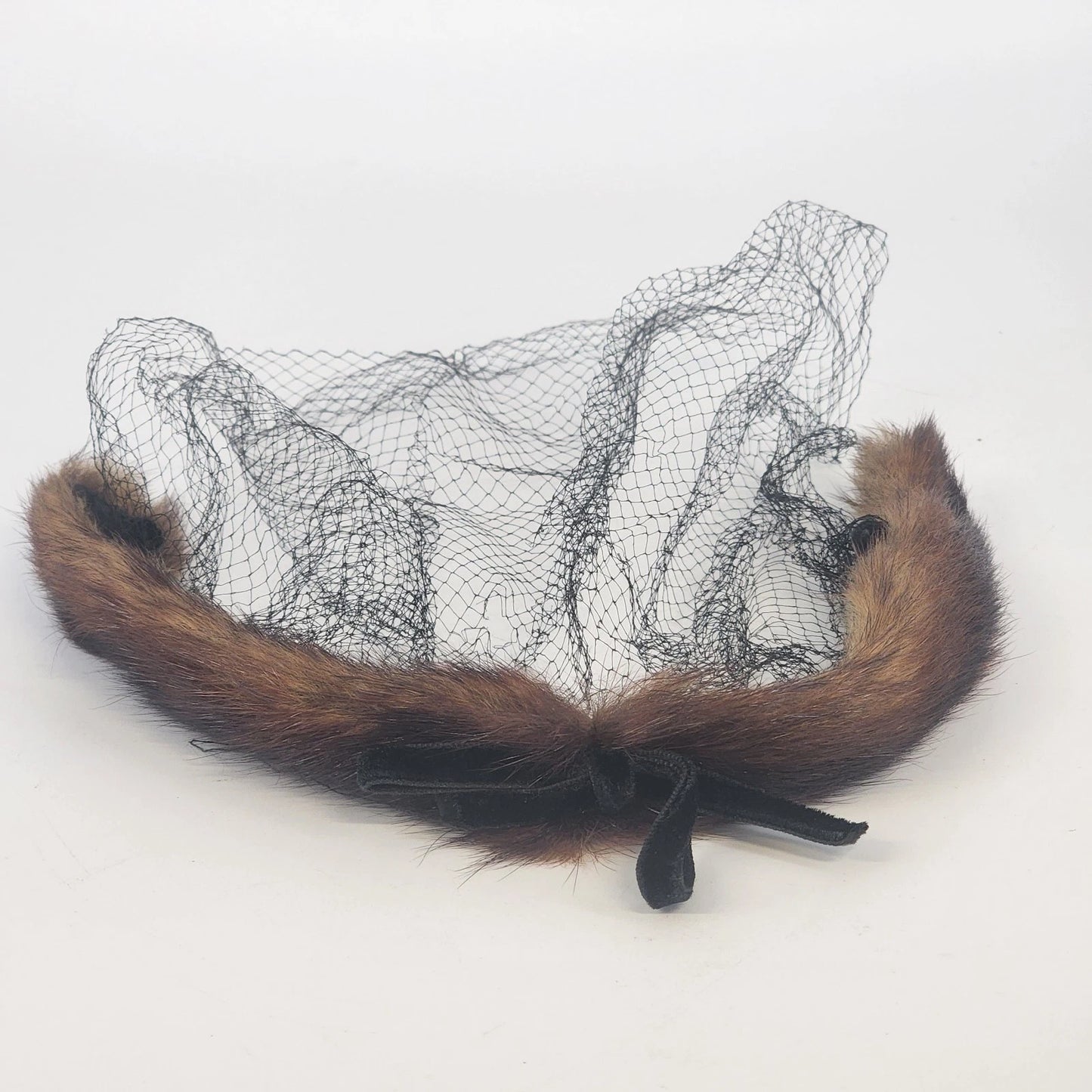 Mink Fur Pillbox Fascinator Net Veil Brown MCM Head Band Head Piece Vintage