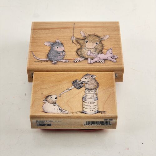 Stampabilities Sew What & Mouse Drops Wooden Mounted Rubber Stamps Lot of 2