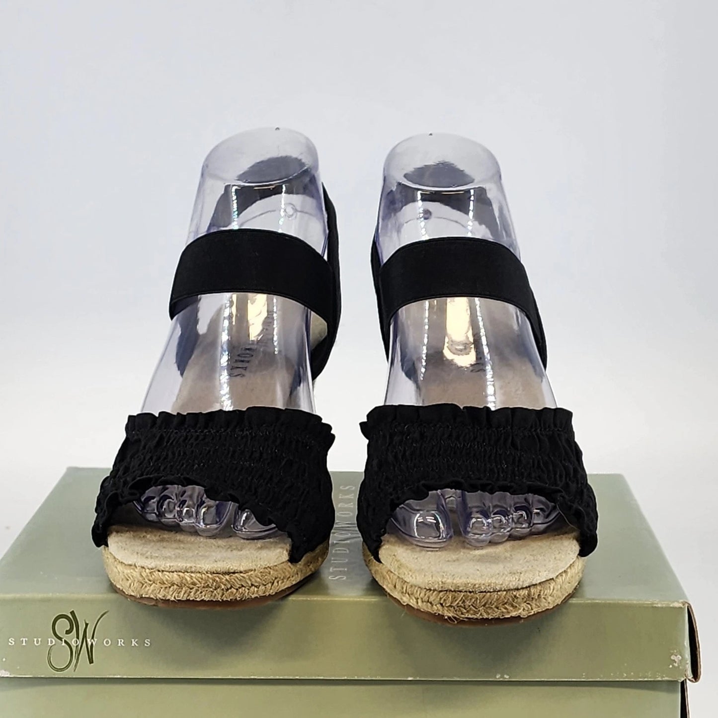 Studio Works St Martin Black Sandals 3.5" Straw Heel Women 9M Tan Insole w Box