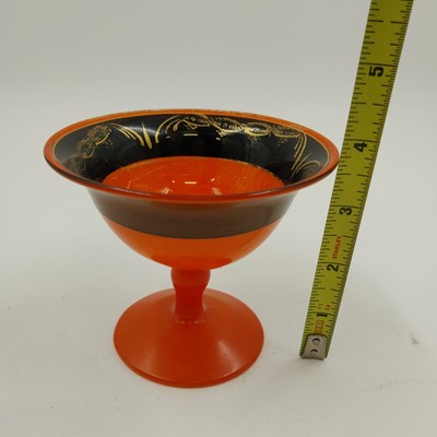 Lancaster Marguerite Orange Black Glass Pedestal Bowl Gold Gilt 1930s VTG