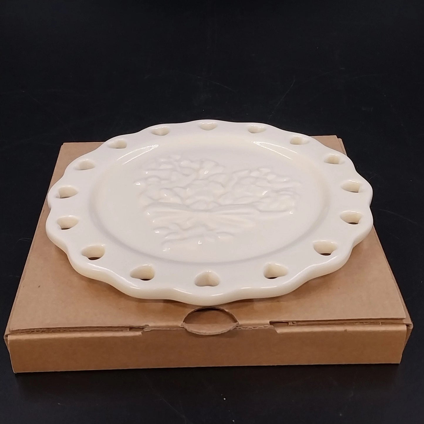 Longaberger Sweetest Heart Candle Plate White Pottery Heart Cutout Floral 6"