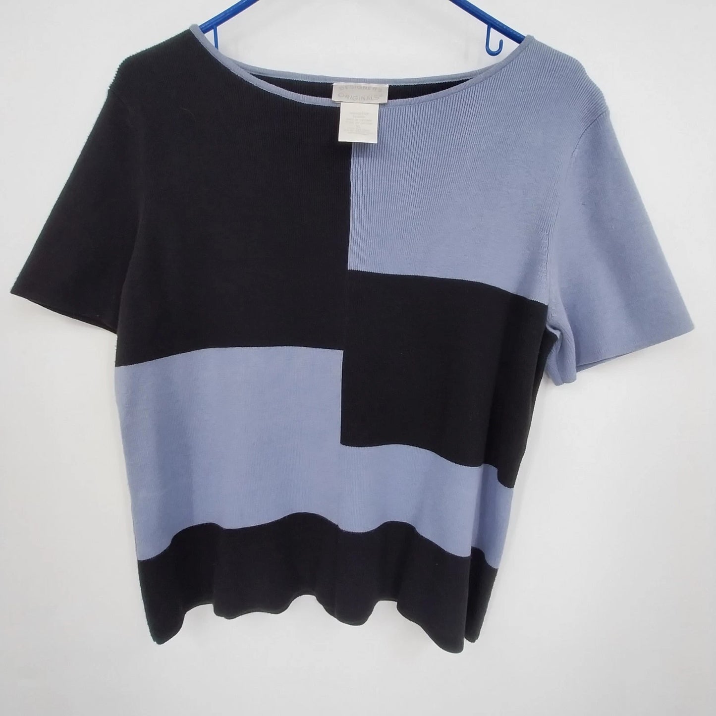 Designers Originals Color Block Top Women XL Black Blue Short Sleeve Cotton