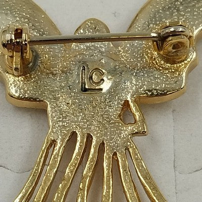 Gold Tone Open Work White Enamel Angel with Rhinestones Brooch Lapel Pin 1.5"