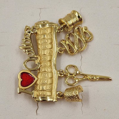 Danecraft Gold Tone I Love Quilting Decorative Brooch Pin Scissor Needle Thread