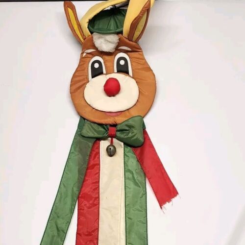 Christmas Windsock Holiday Reindeer Face Jingle Bell Nylon 56" One Torn Streamer