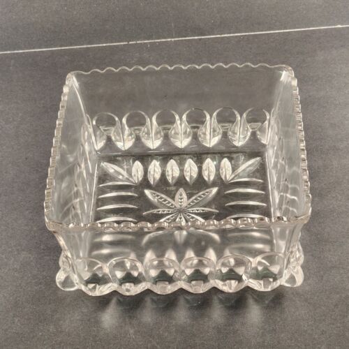 Indiana Glass Square Serving Bowl Heavy Clear Thumbprint Sides Scalloped 7.5"