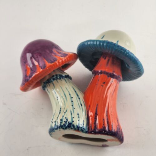 Mushroom Magic Neon Ceramic Figure Vintage Purple Orange 7" Studio Art