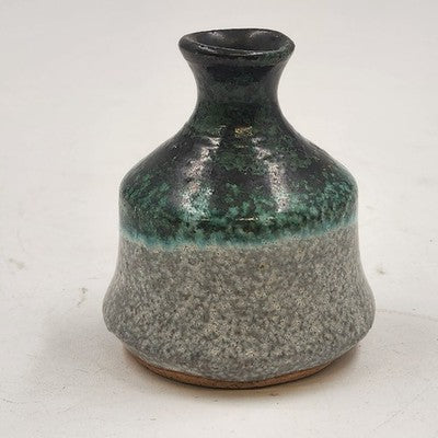 Studio Art Pottery Stoneware Small Bud Vase Green Over Gray 2.75"d x 3"h