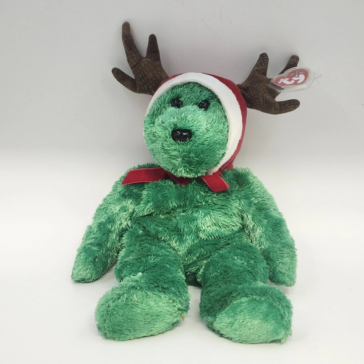 Ty Jingle Beanies Holiday Teddy Green Bear Christmas Reindeer Plush Shell 2002