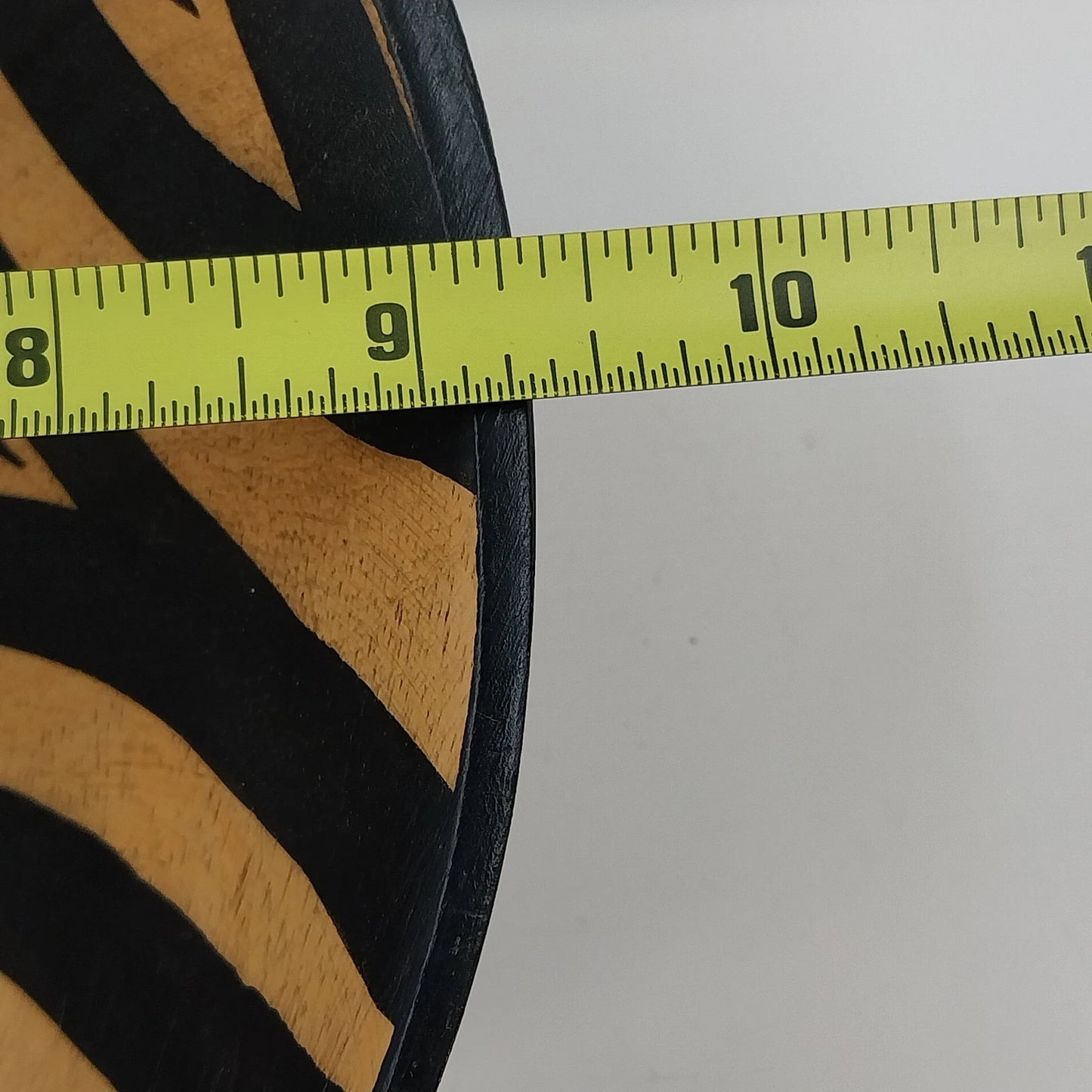 Hand Carved Wooden Bowl 9.25" African Zebra Animal Print Black Tan Varnished Vtg