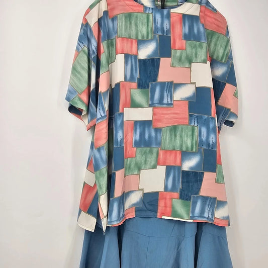Sue Brett Collection Teal Pink Print Top Blue Skirt Set Plus Size 12 Polyester