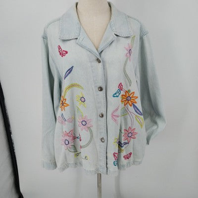 White Stag Light Denim Jacket XL Floral Embroidery 100% Cotton