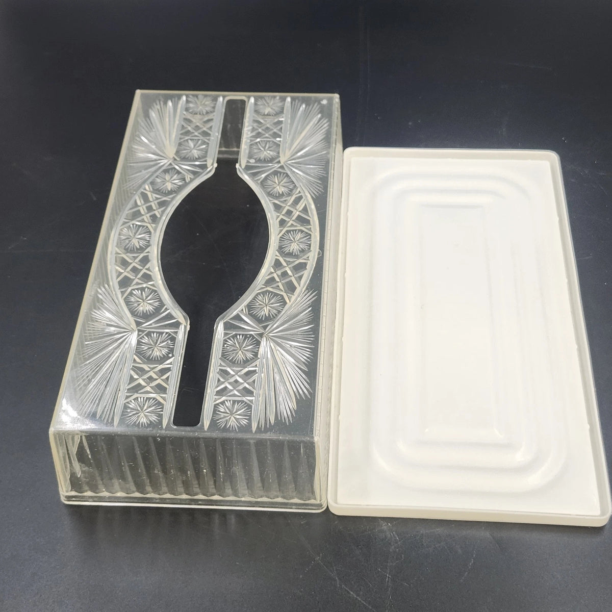 Clear Acrylic Lucite Tissue Box Cover Starburst Diamond 10.5" White Base MCM Vtg