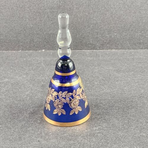 Cobalt Blue Glass Bell w Clear Handle Gold Trim Bohemia Glan Czechoslovakia 4"