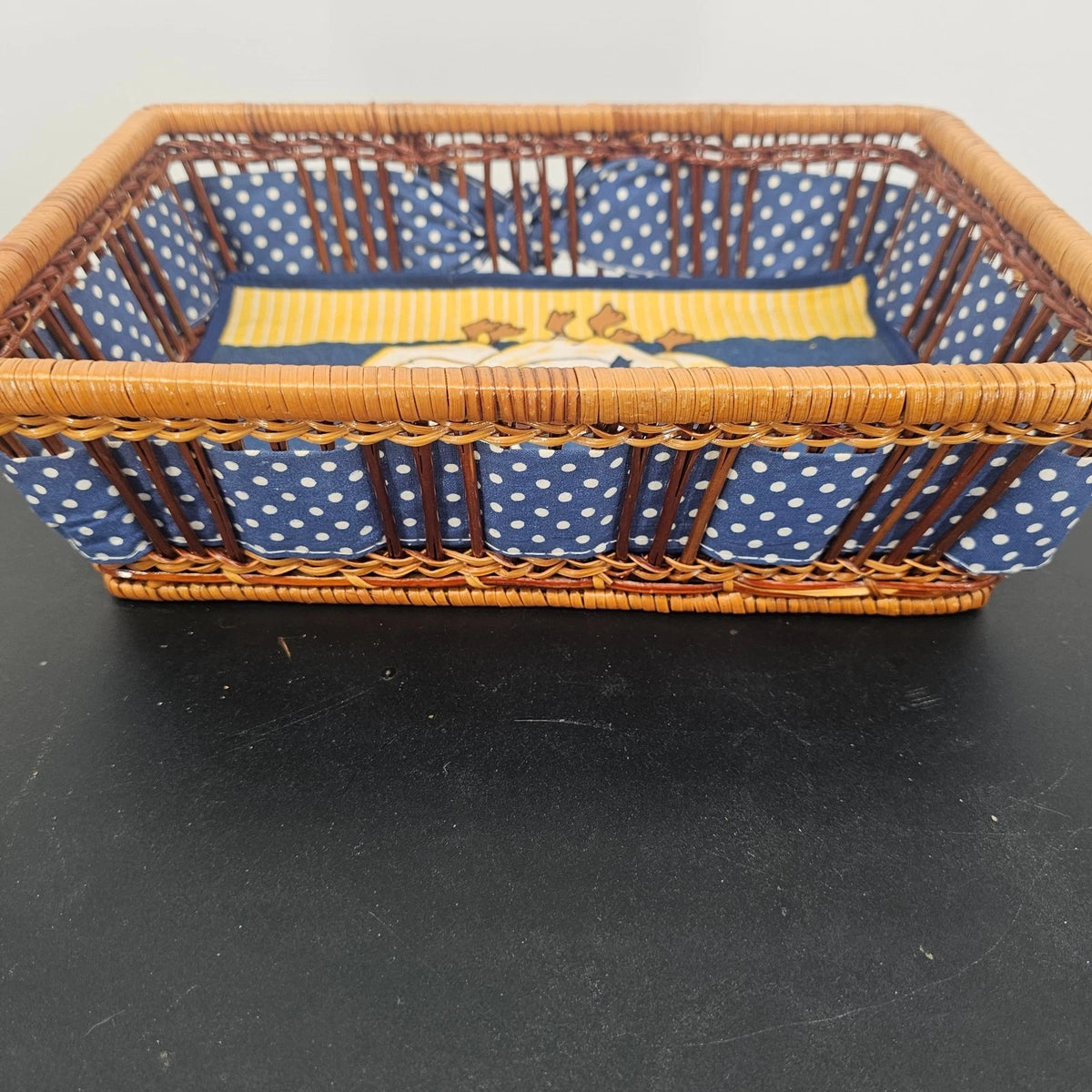 Wicker Wooden Basket Goose Liner Blue Polka Dot Country Kitchen Storage 12"