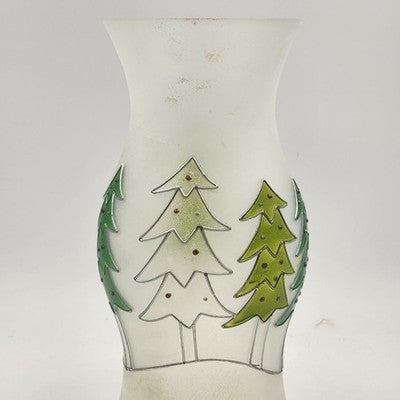 Glass Hurricane Candle Chimney 13"x6" Frosted w Hand Painted Christmas Pine Tree