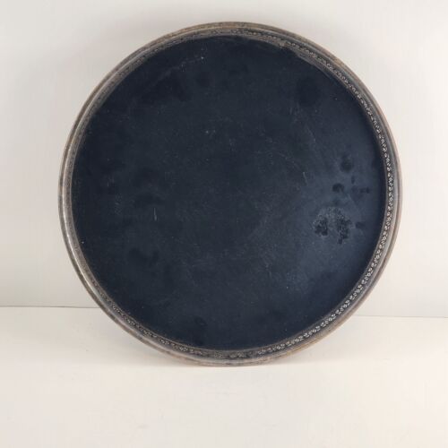 Reticulated Round Cocktail Serving Tray Black Formica Silver Plated 10.5" Vtg