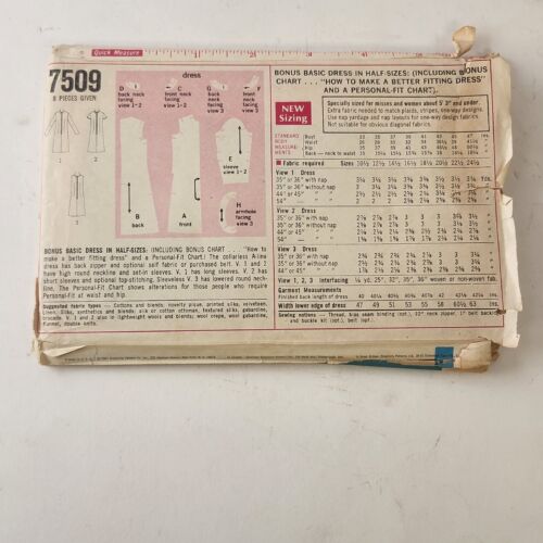 Simplicity 7509 Vintage Sewing Pattern '67 Half Size 16.5 Bust 39 Bonus Dress
