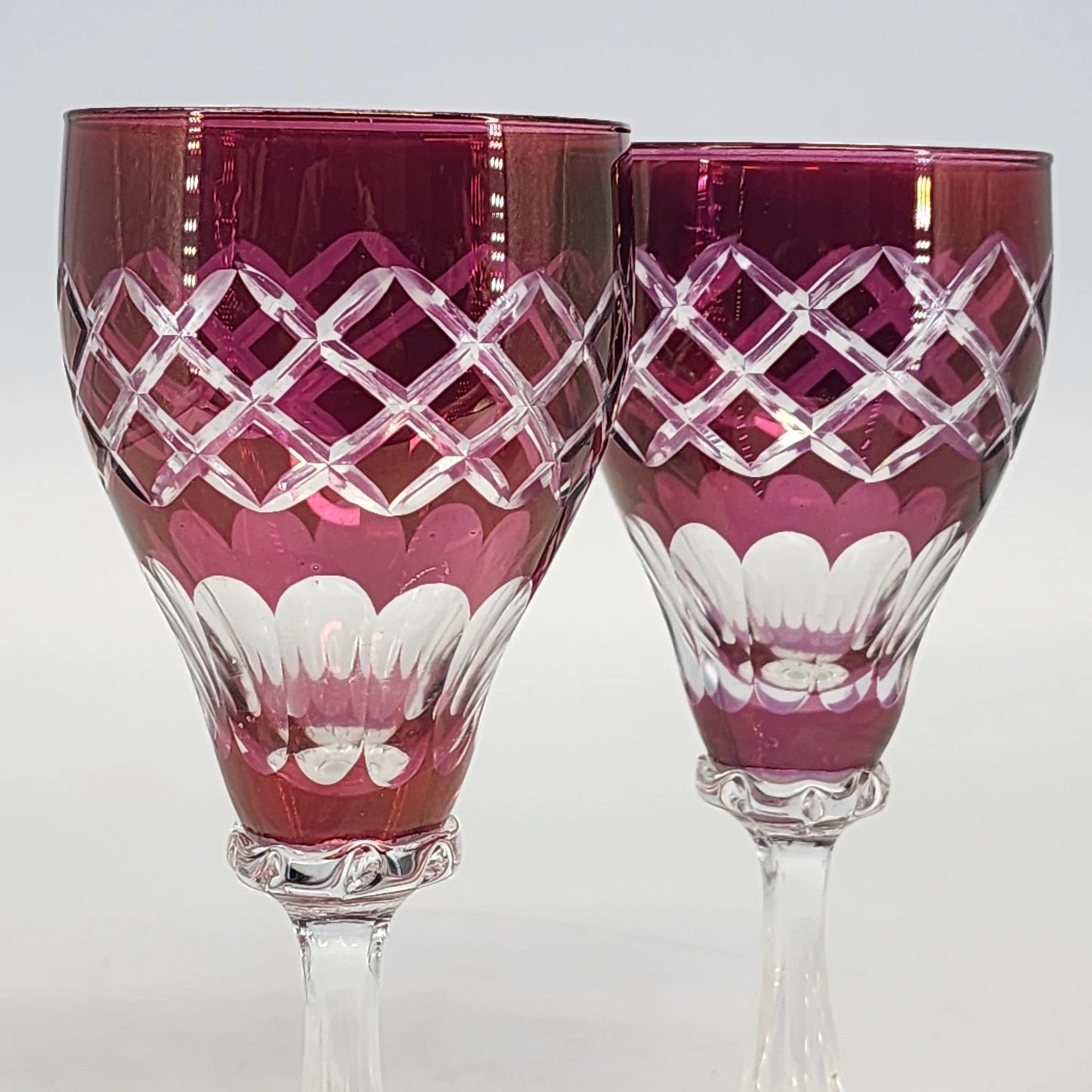Ruby Cut to Clear Wine Glasses Set 2 Bohemian Hock Diamond Cut 6.75" Vintage
