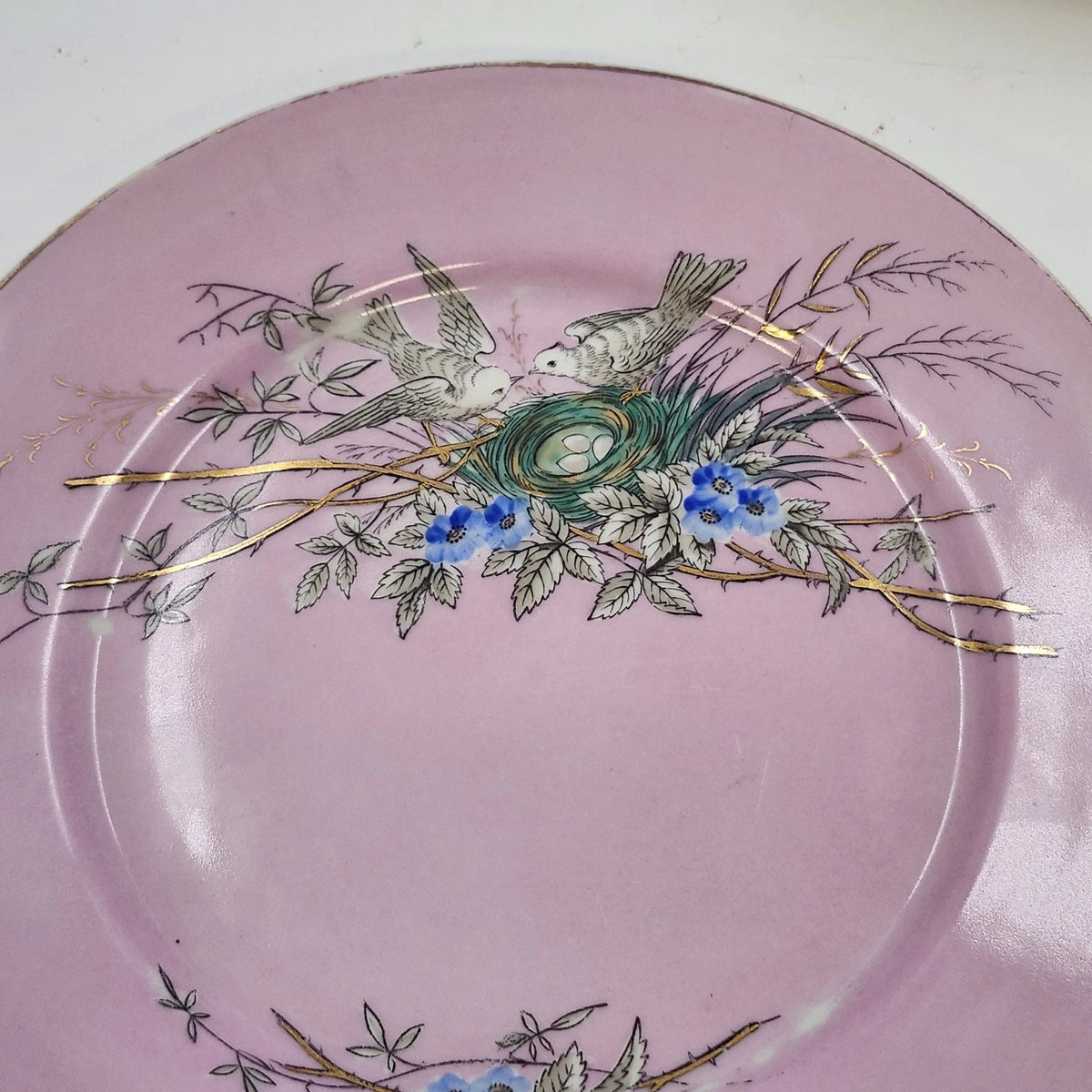 Pink Porcelain Dessert Plates Set 4 Birds Nest Blue Flowers Gold 7.5" Vintage