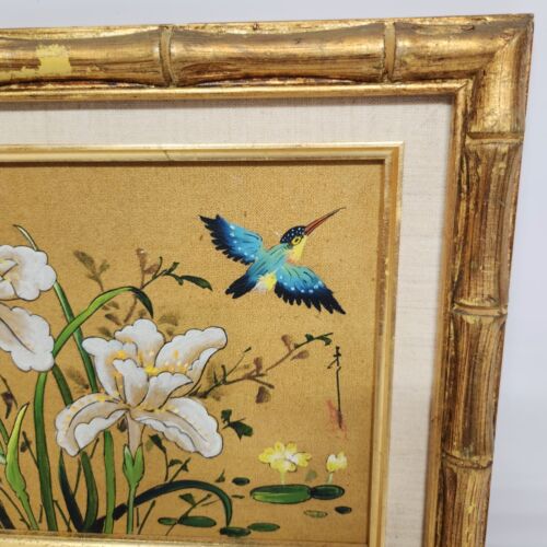 Taiwanese Bird Floral Painting Print Vintage Gold Bamboo Frame Matted No Glass